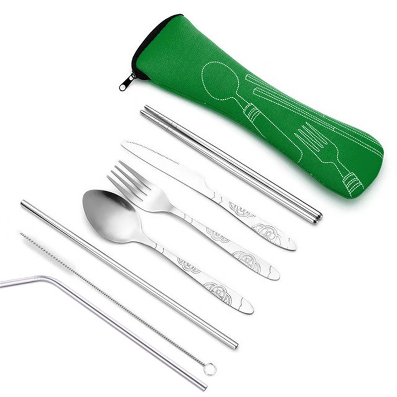 7pcs/ Set Stainless Steel Tableware Set Outdoor Portable Cloth Bag Knife Fork Spoon Chopsticks Straw Rich Flowers Seven Sets: green