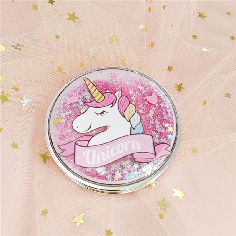 Mini Unicorn Makeup Mirror Compact Pocket Mirror Portable Double-Sided Folding Cosmetic Mirror With flowing sparkling sand: B