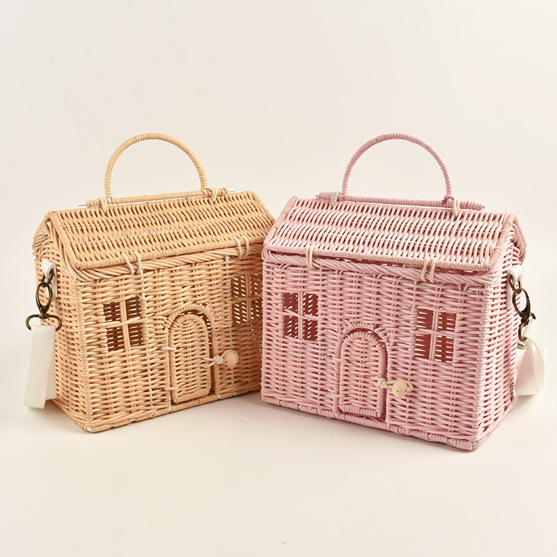Creatieve Huis Vorm Rotan Vrouwen Handtassen Rieten Geweven Schouder Crossbody Tassen Grappige Zomer Strand Strozak Handgemaakte Reistas