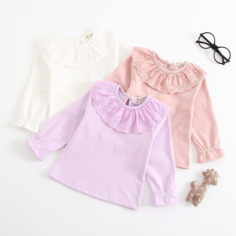 Baby Girl T-shirt Peuter Kids Herfst Casual Tops O Neck Hollow Out Ruches Lange Mouwen Prinses Blouse Katoenen T-shirt kleding