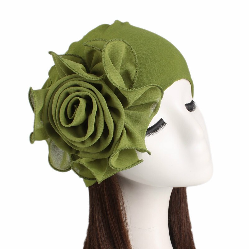 Vrouw Mooie Bloem Tulband Elastische Doek Hoofd Cap Hoed Moslim Vrouwen Hijaabs Dames Haar Accessoires Sjaal Cap: Army Green