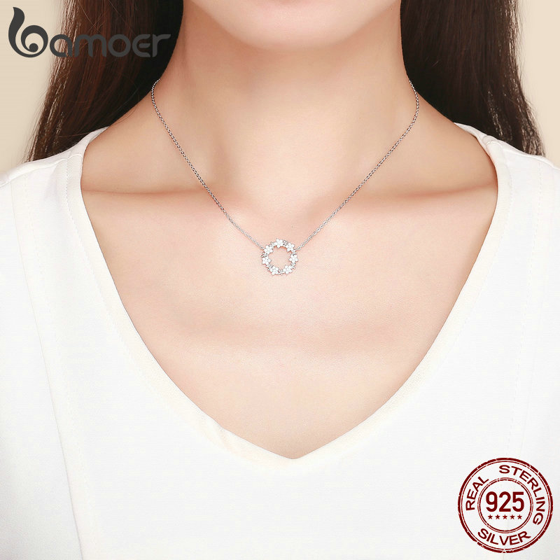 BAMOER 925 Sterling Silver Shining Stackable Star Round Shape Pendants Necklaces Women Wedding Jewelry Collar BSN028