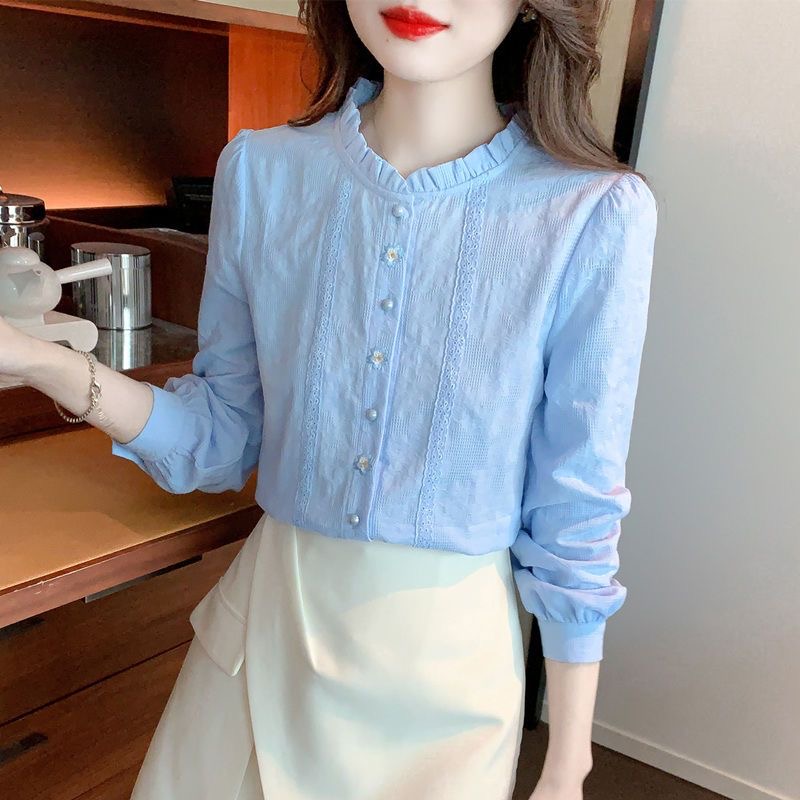 Blusas bordadas para mujer, camisas informales de manga larga con cuello levantado, Blusas de Color sólido, Tops DF4774