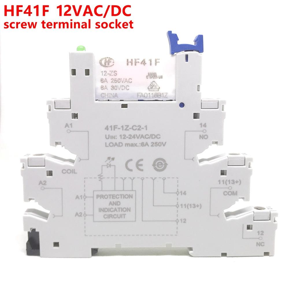 41f-1z-c2-1 hf41f 24-zs 12-zs 5v 12v 24v 230v 6a 1co slim/ssr reläfäste på skruvhylsa med led wafer-relä: 12v 1co 6a skruv