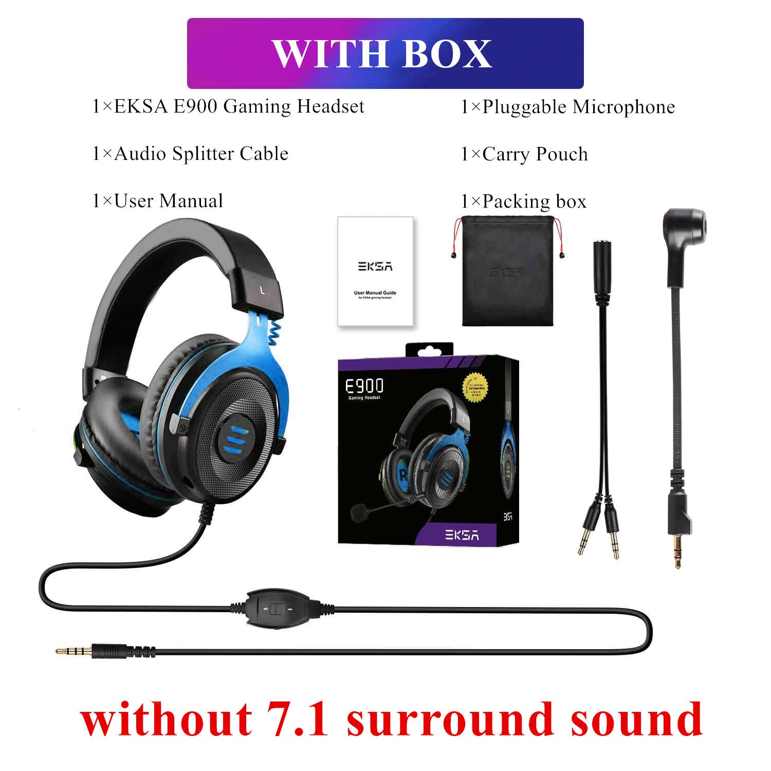 EKSA Gaming Headset Gamer E900/E900 Pro 7.1 Surround Wired Gaming Headphones with Microphone For PC/PS4/PS5/Xbox one/Switch: E900 Blue with Box