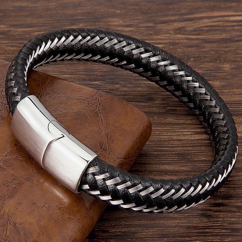 Men Jewelry Stainless Steel Braided Leather Rope Bracelet Punk Accessories Black Magnetic Clasp Bangles: Silver / 23cm