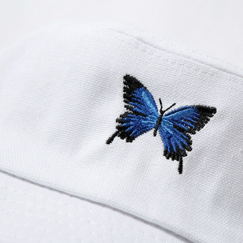 Witte emmerhoeden blauwe vlinder borduurwerk vissershoed opvouwbare zonnehoed hoed hiphop emmer