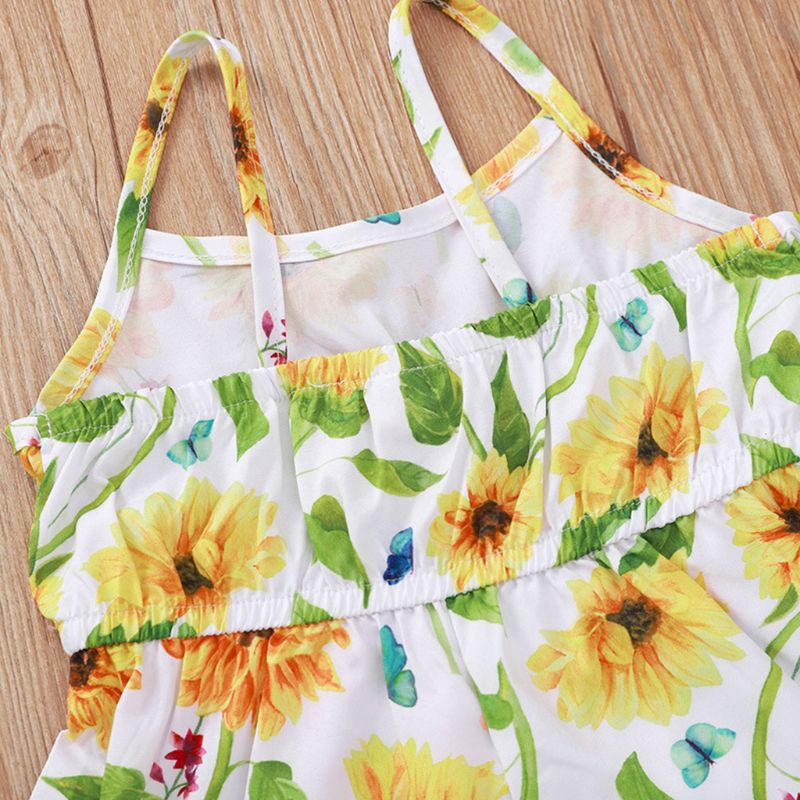 Peuter Meisjes Zomer Sling Ruches Rompertjes Mouwloze Zonnebloem Print Jumpsuit