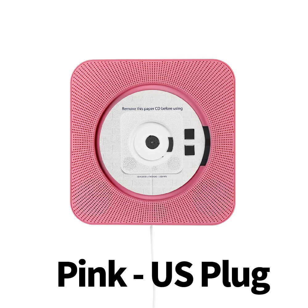 Wall Mounted CD Player Surround Sound FM Radio Bluetooth USB MP3 Disk Portable Music Player Remote Control Home Stereo Speaker: Pink US Plug