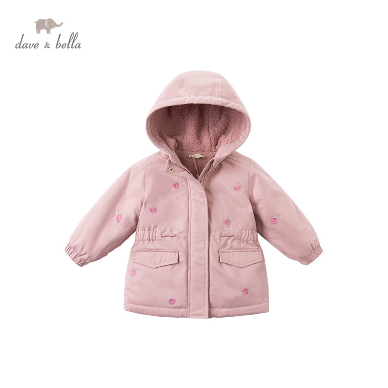 Dbz16066 dave bella inverno bebê meninas moda floral bordado acolchoado com capuz casaco crianças topos infantil criança outerwear