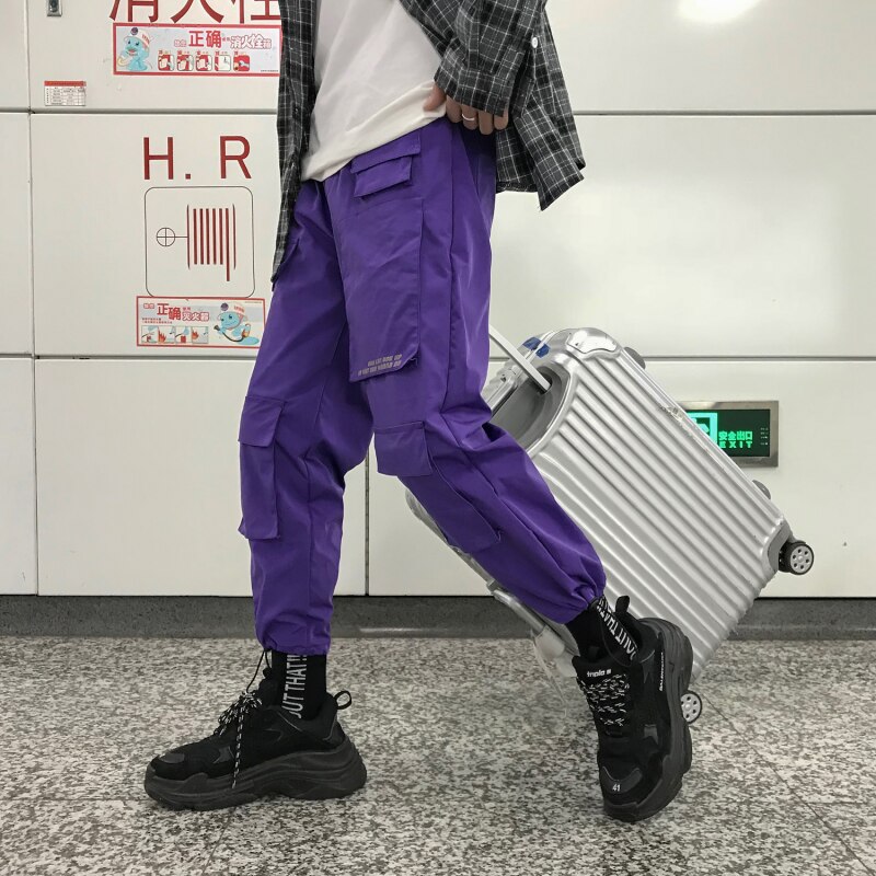 Pantalones Cargo morados para hombre, pantalón holgado de Hip Hop para correr, monos con bolsillos, pantalones de chándal de para estudiantes, ropa de calle coreana para hombre