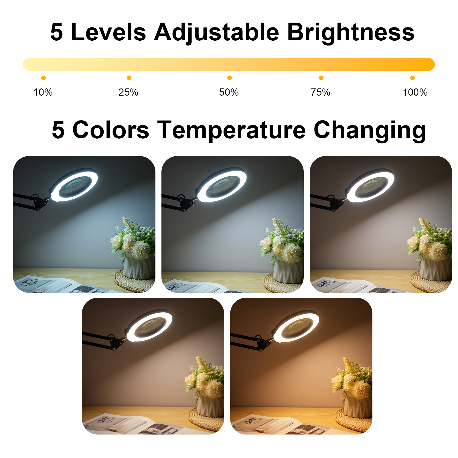 Mini-arbeitsleuchte mit 5x vergrößerungsgläsern, schwenkarm, dimmbaren leds, 5 farbtemperaturen , 5 helligkeitsstufen, klemmleuchte