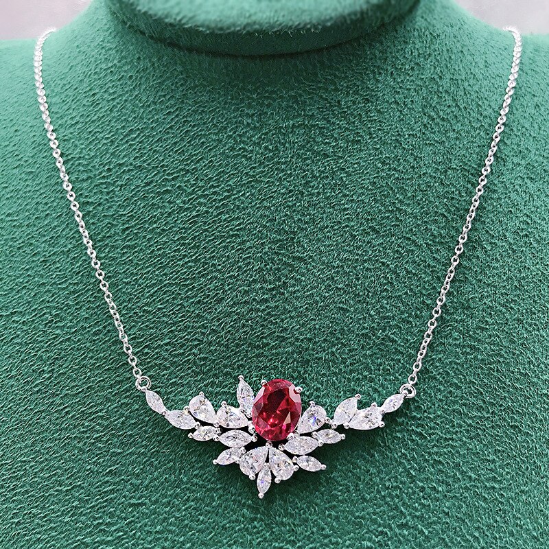 OEVAS 100% argento Sterling 925 7*9mm sintetico rubino ghiaccio fiore taglio collana pendente per le donne scintillanti matrimonio Fine Jewerly