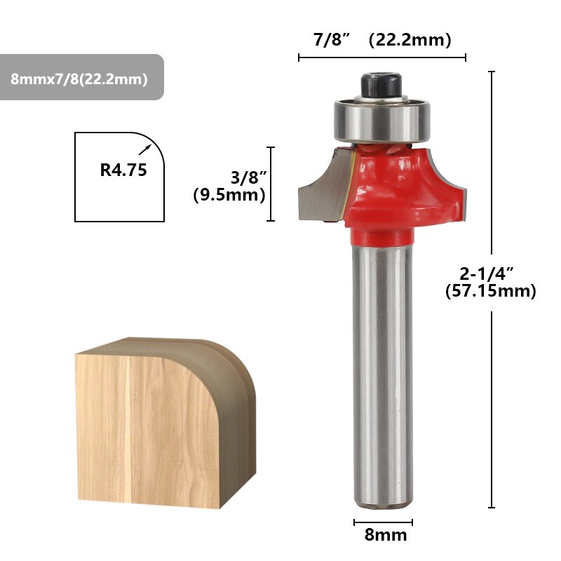 XCAN Wood Corner Rounding Router Bit 8mm Shank Round-Over Router Bits Woodworking Engraving Tool Tungsten Carbide Milling Cutter: 8mmx7l8(22.2mm)