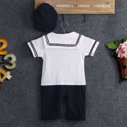 Korte mouwen anker matroos romper met hoed voor babyjongenskostuum