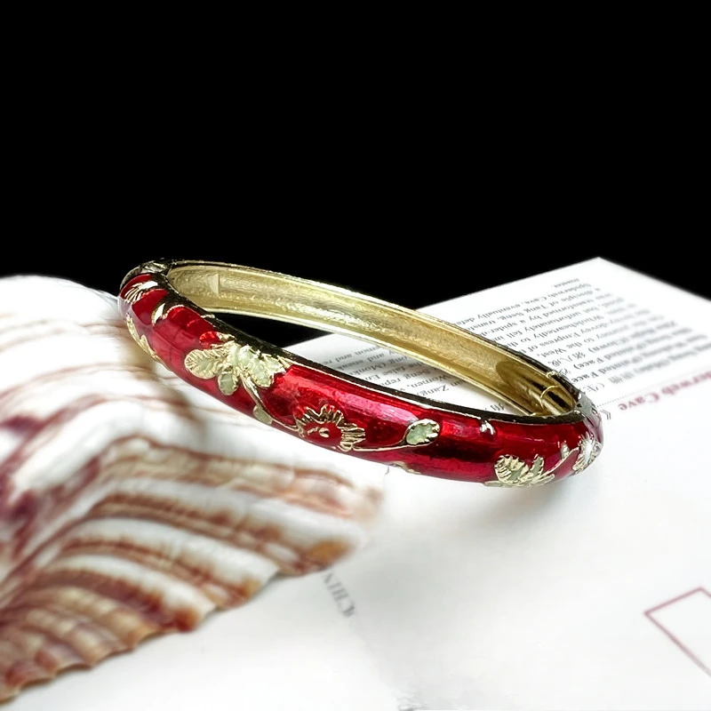 Emalje kinesisk cloisonné armbånd dobbelt armbånd kinesisk pæon filigran blomst armbånd traditionel vintage håndarmbånd: Sort kanon belagt