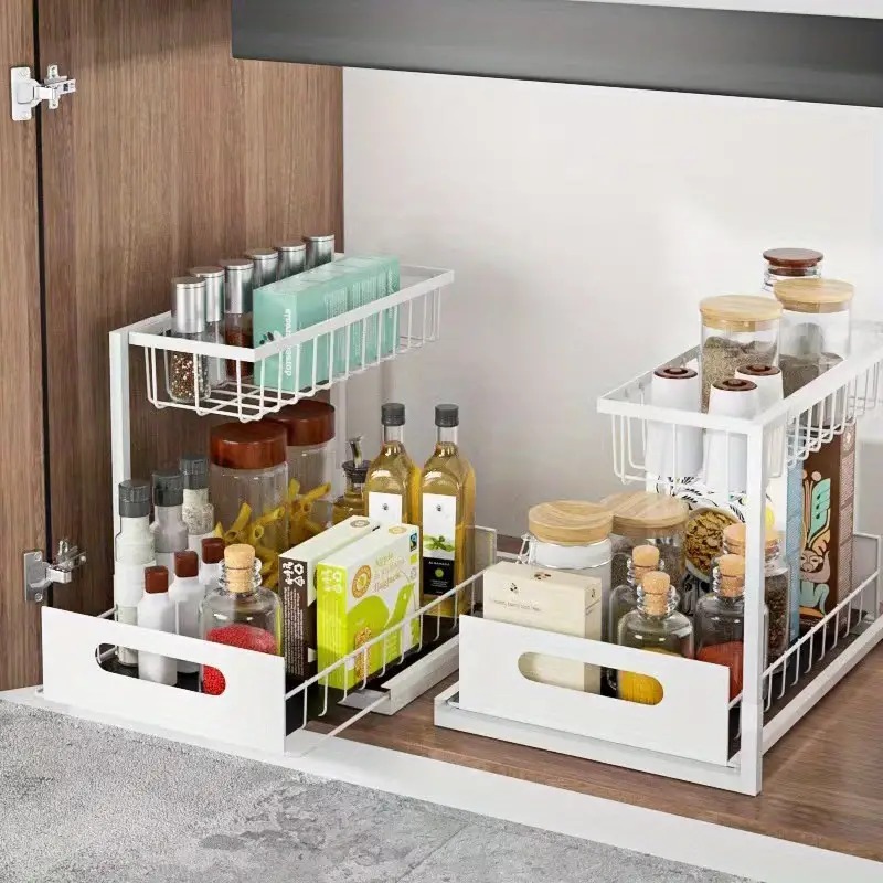 Organizadores y almacenamiento debajo del fregadero de 2 niveles con cajón deslizante, estante de baño multiusos, organizador para almacenamiento de cocina y baño