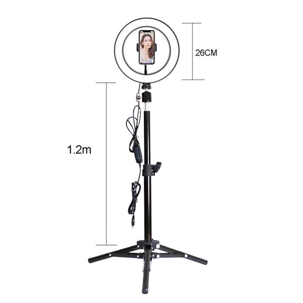 Anel de luz de led de 26cm/10 polegadas, regulável, para selfie, com tripé, usb, iluminação de anel de luz para fotografia com suporte para célula: 1.2m tripod light 2