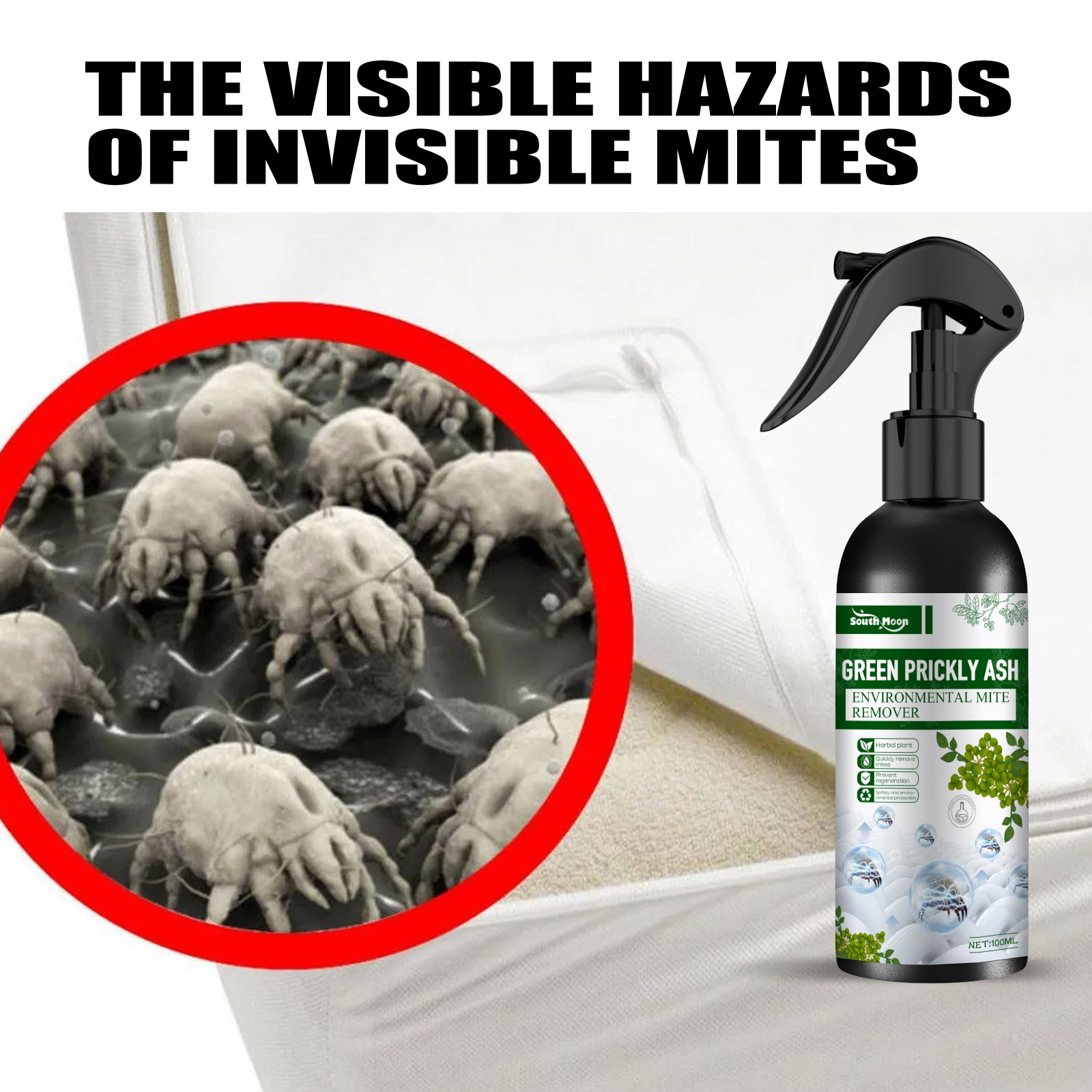 Mijtspray Natuurlijke bed- en stofspray Vlekvrije uitroeispray 100 ml voor meubelmatrassen