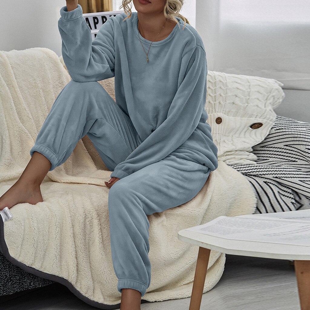 Winter Warme Pyjama 2 Stuk Flanellen Pyjama Set Leuke Effen Kleur Lange Broek Nachtkleding Homewear Vrouwen Print Lingerie Ronde hals #30