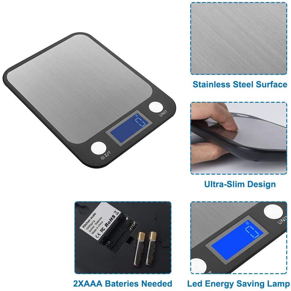 Digital Kitchen Food Scale for Cooking Baking Tools Ultra Slim Multifunctional Tare Function Measuring 22lb/10kg Capacity