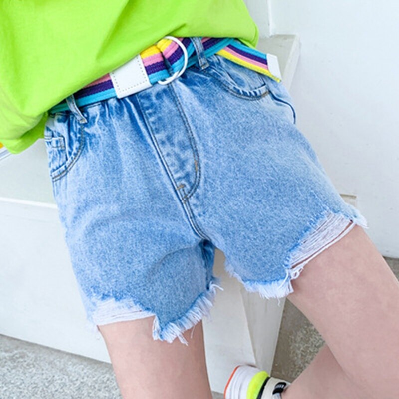 Pantaloncini di Jeans per ragazze con cintura pantaloncini di Jeans con foro strappato stampa arcobaleno lettera estate simpatici vestiti per bambini per adolescenti 6 8 10 12 14 anni