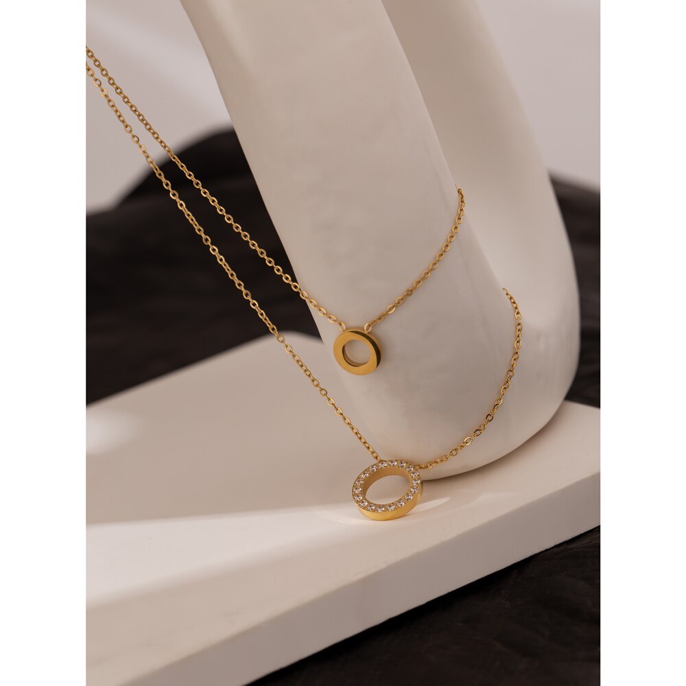Yhpup Stainless Steel брелок Exquisite Round Hollow Layered Chain Necklace Delicate Shiny Cubic Zirconia Choker Necklace