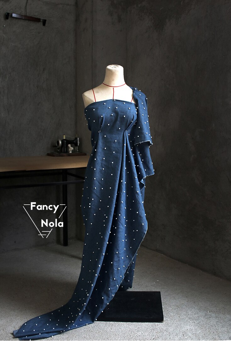 Pearl denim 150cm bredde håndlavet beaded denim blå klud gør-det-selv 3d stereo stof  cg086