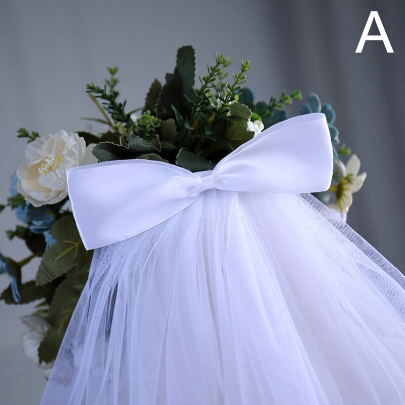 Velos cortos de tul para vestido de novia, cinta blanca con borde, lazo con peine para el pelo, velo para el cabello, accesorios de boda para novia: Blanco
