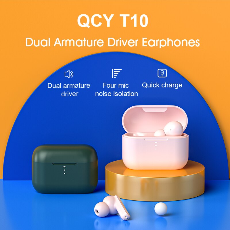 QCY T10 Wireless Bluetooth eadphones 4Mic noise isolation Dual Armature Driver Headphones Type-C charge