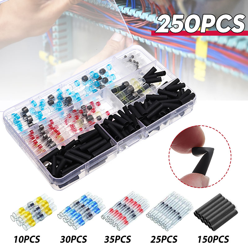 250 Pcs Waterdichte Afdichting Krimpkous Soldeer Connector Krimp Soldeer Mouwen Krimpkous Kit Draad Splice Connector: Default Title
