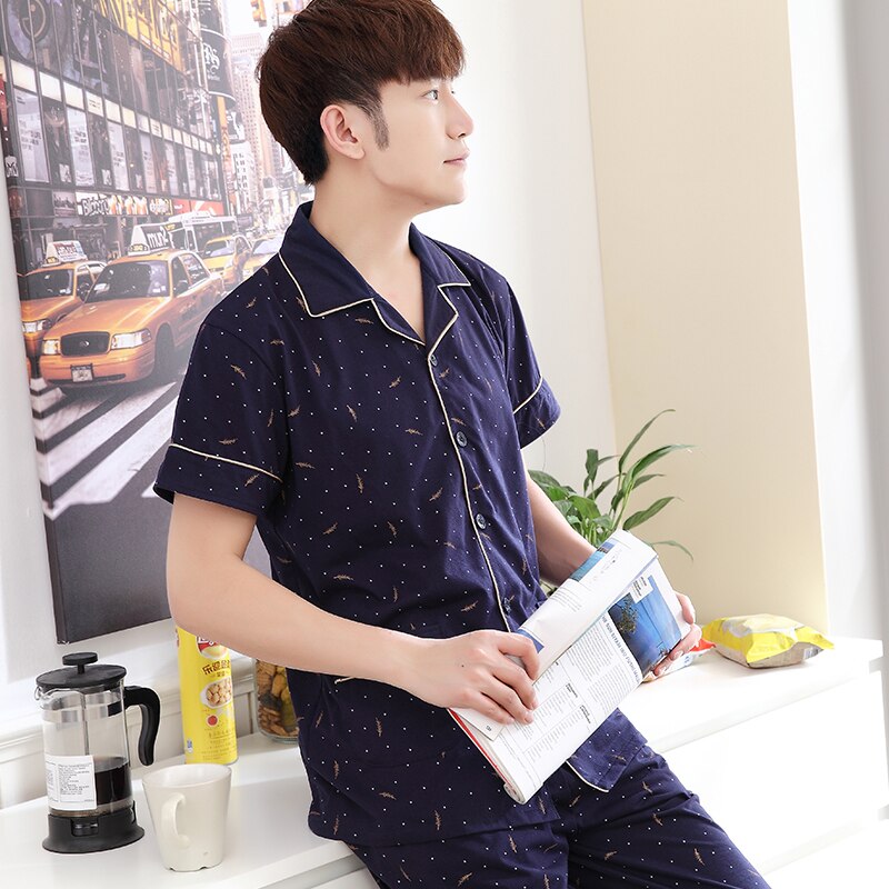 summer pajamas set for men sleeping cloth 100% cotton turn-down collar print male pyjamas pijamas de hombre