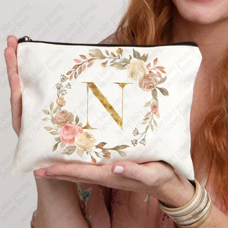 Floral Hoop Initial Zipper Makeup Pouch Travel Essentials Wedding Makeup Storage Organizer Bachelorette Party Bag for Girls