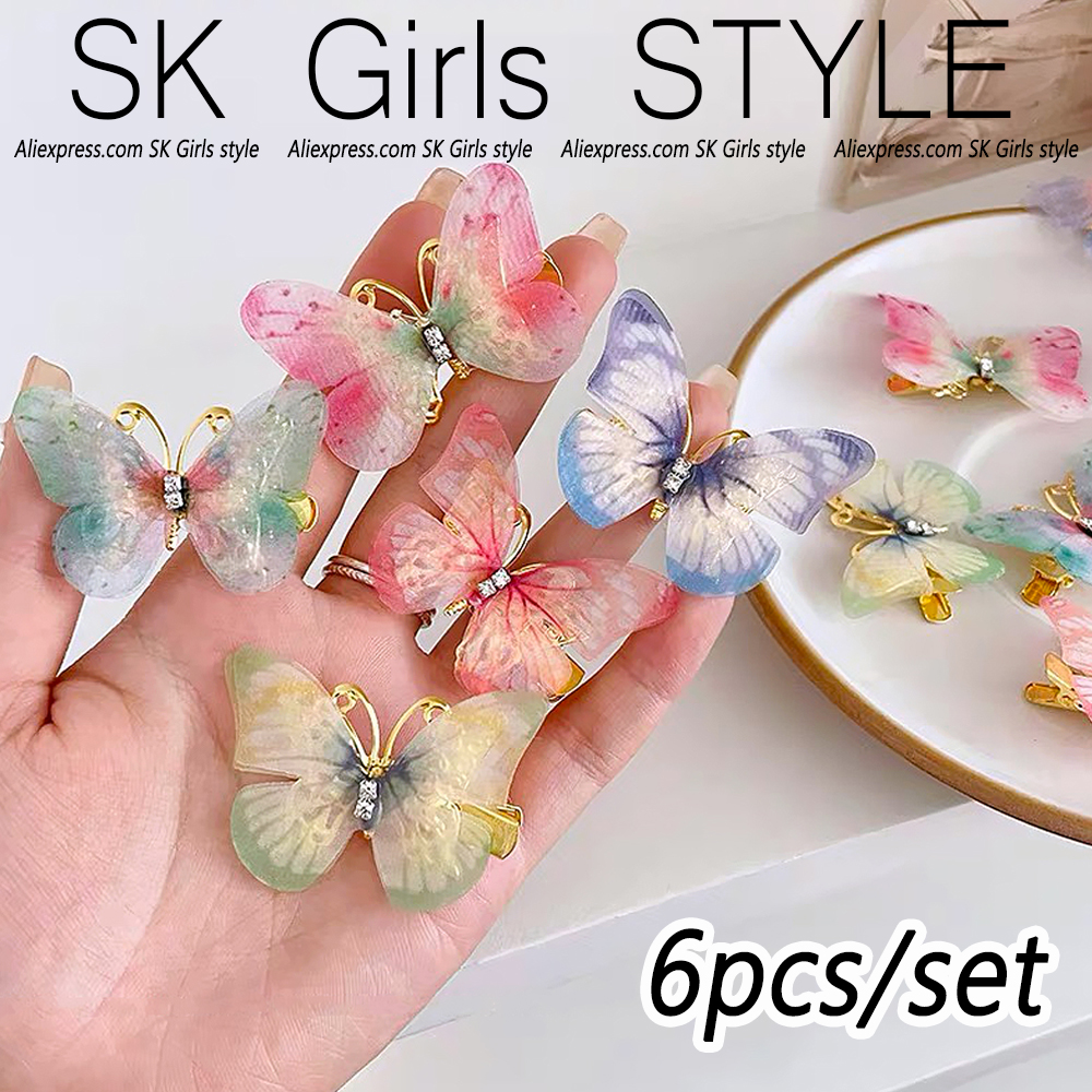 6 stks Kleurrijke Vlinder Haarspelden Set Peuter Meisje Haarspeldjes Vrouwen Zoete Kant Pony Haarspeldjes Regenboog Hoofddeksels Ornament