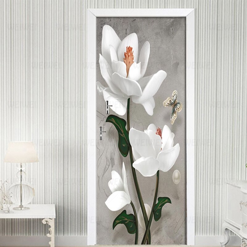 DIY Door Stickers 3D Embossed Flowers Retro Wall Stickers PVC Waterproof Self-adhesive Living Room Door Decor Detachable Decal