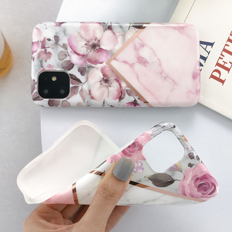 USLION Electroplate Marble Flower Phone Case For iPhone 11 Pro Max X XS XR Xs Max Cases For iPhone 6 6s 7 8 Plus Soft IMD Cover