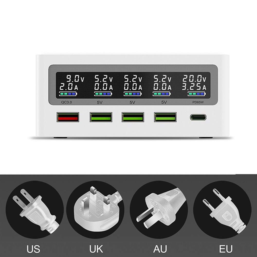 Ilepo 110W 5 Poorten QC3.0 Usb Type C Pd 65W Adapter Lcd Draadloze Oplader Cellphonetfast Lader Station voor Laptop Tafel: US plug