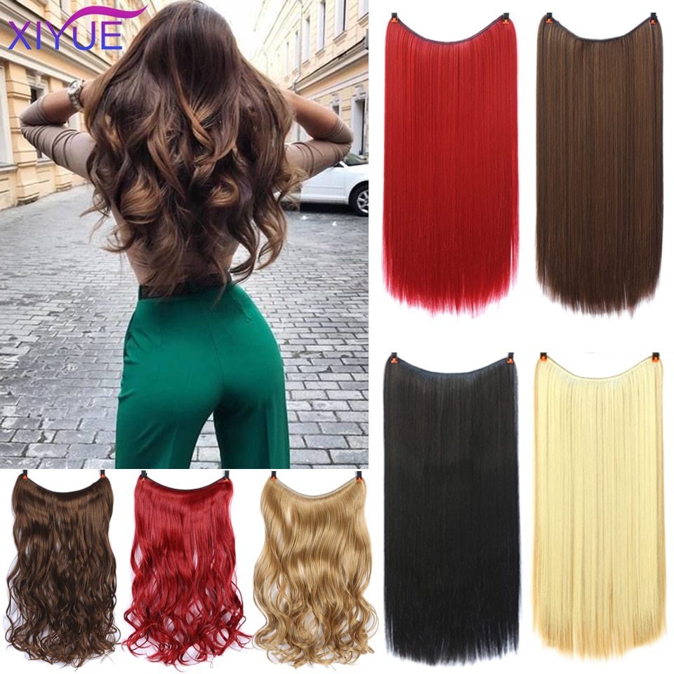Xiyue no clip one piece natural wave false hair fish line hair extensions invisible secret wire syhthetic hairpieces extensions