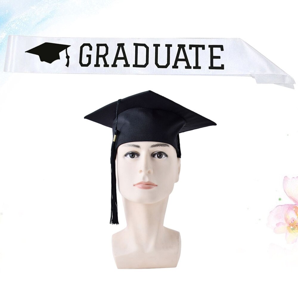 2pcs in 1 Set Graduate Hat and Letter Printing Sash Set Decoration Graduation Hat Etiquette Belt Set Graduation Party Dress Up