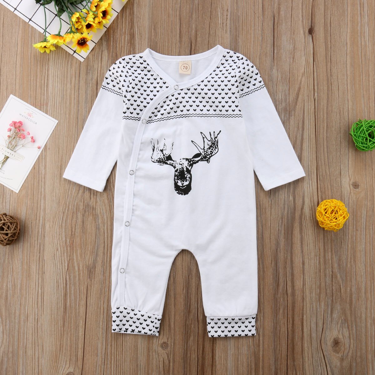 2018 Brand New Natal Da Criança Do Bebê Meninas Meninos Romper Manga Comprida Único Breasted Veados Impressão Macacões Romper Outono Roupas de Inverno: WHITE / 12 m