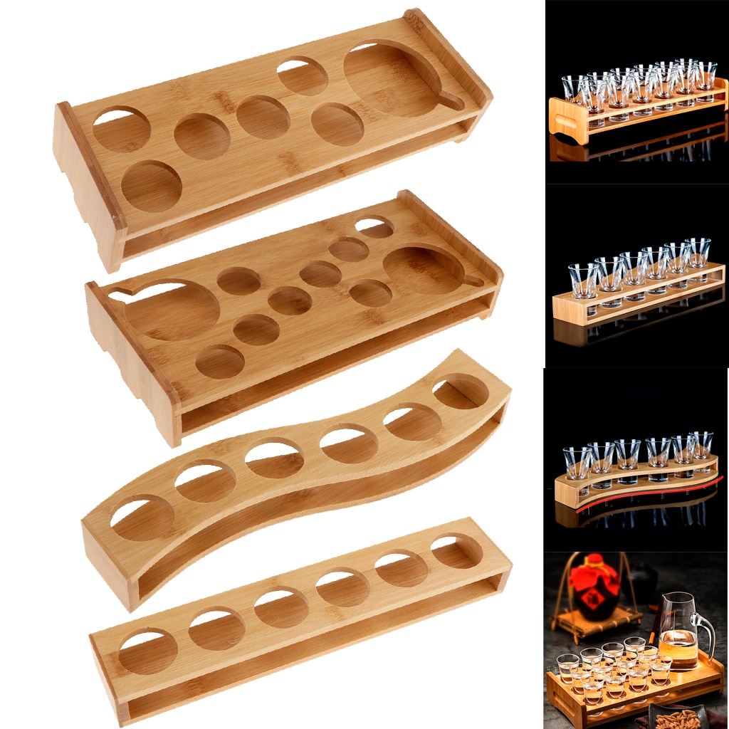 Bamboo Shot Glass Holder Rack Barware Whisky Cup Serving Tray Vodka Rum Tequila Cocktail Cups Organizer