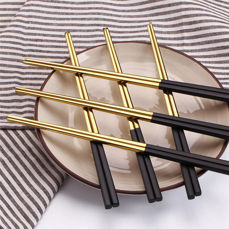 5 par spisepinde rustfrit stål kinesisk guld sæt sort metal huggepinde sæt bruges til sushi spisestue