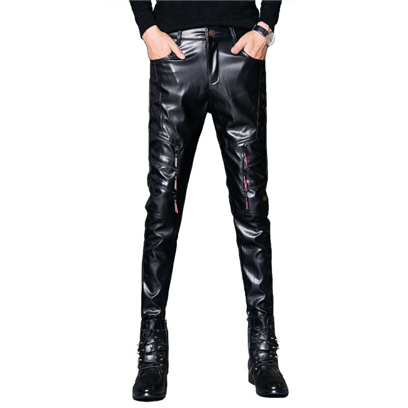 Los hombres de imitación de cuero negro pantalones ajustados etapa Club pantalones Rock ropa informal estilo Hip hop de la motocicleta chaqueta a prueba de viento cálido PU pantalones de cuero