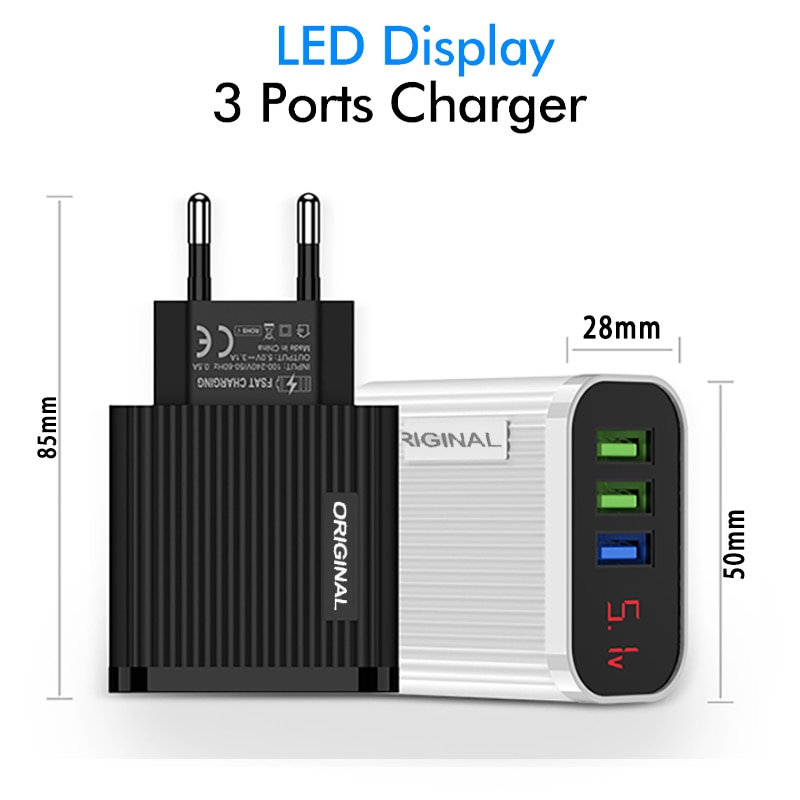 LED Display 3 Ports USB Charger EU US Plug 3.1A Fast Charging Smart Mobile Phone Charger For iphone 11 XR Samsung Xiaomi Tablet