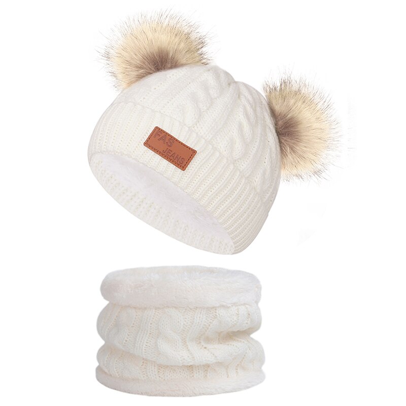 Søde børns strikket hat og tørklæde hat beanie-cap pompom furry ball baby hatte strikket nyfødt baby hat beanie pompom-cap: Hvid