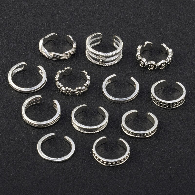 12 Stuks Ringen Dame Unieke Verstelbare Opening Vinger Ring Retro Gesneden Teen Ring Voet Strand Voet Sieraden