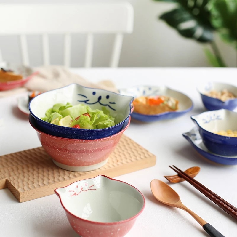 Japansk tecknad söt katt keramik soppskål handmålad porslin ris nudelskål middag dessert biff sallad tallrik servis
