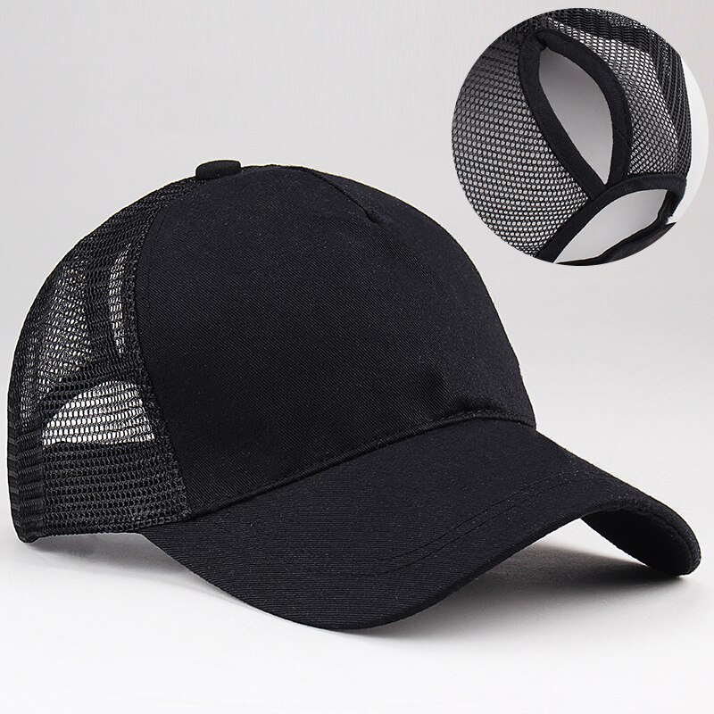 Berretto da Baseball a rete Casual estivo cappello da Baseball a coda di cavallo da donna Sport femminile cappellini Hip-Hop Snapback regolabili cappelli da sole: black 1