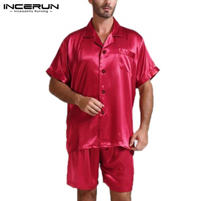 Herre silke satin pyjamas sæt blødt nattøj silke kortærmede toppe shorts herre pyjamas hjemmetøj jakkesæt sommer plus størrelse 5xl: Rød / Xl