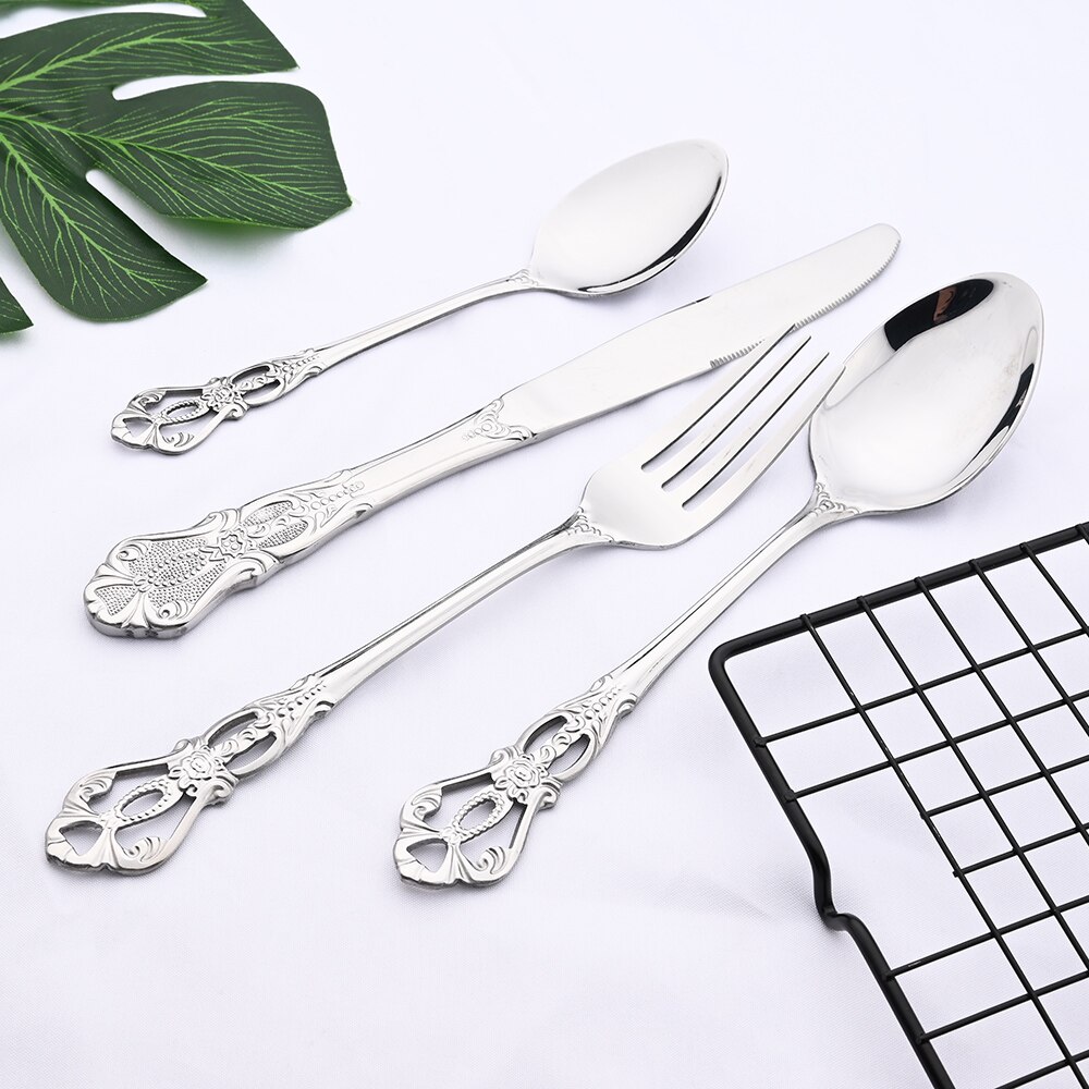 1Pcs Retro Silver Tableware Cutlery Set Silverware Stainless Steel Dinner Knife Fork Spoon Wedding Western Dinnerware Flatware